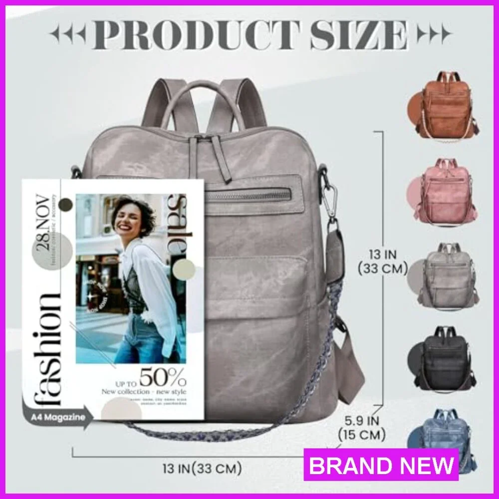 PU Leather Anti-Theft Backpack Purse Multiple Pockets Adjustable Straps Travel - Picture 3 of 6